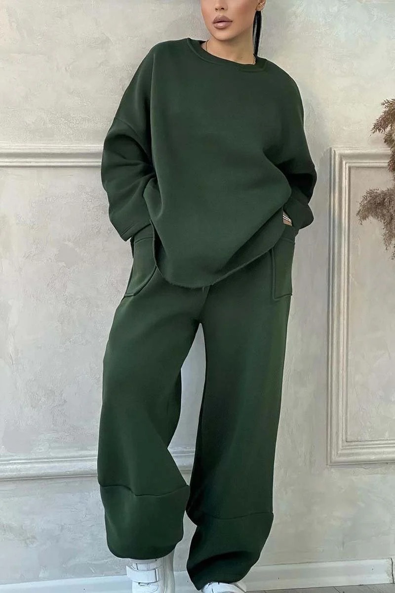 Women's Solid Color Crewneck Long Sleeve Pocket Sweatsuit Loose Fit