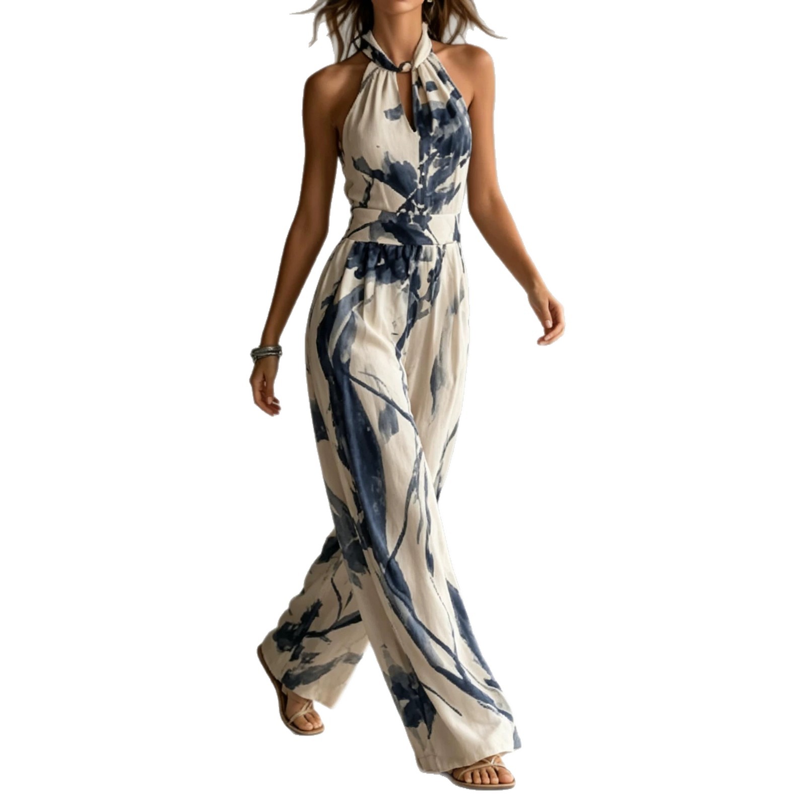 Ink Print Wide-Leg Pocket Sleeveless Halter Jumpsuit