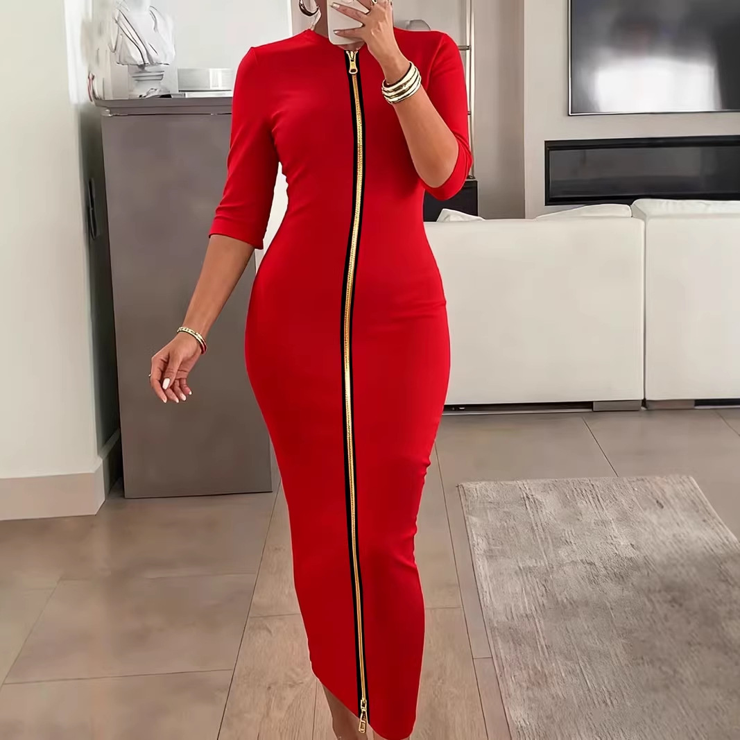 Women's Plus Size Bodycon Midi Dress with Zip and Mid Sleeves