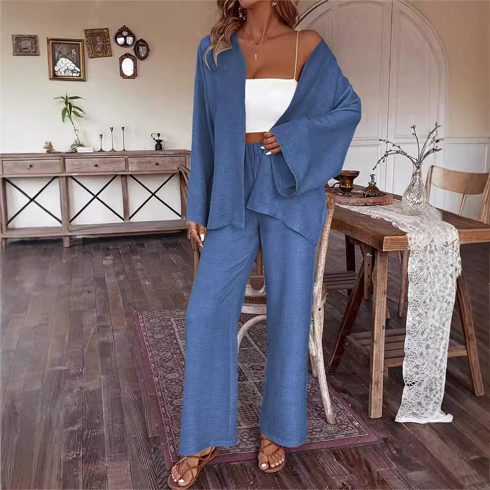 Women's Cotton-Linen Cardigan & Wide-Leg Pants Two-Piece Set
