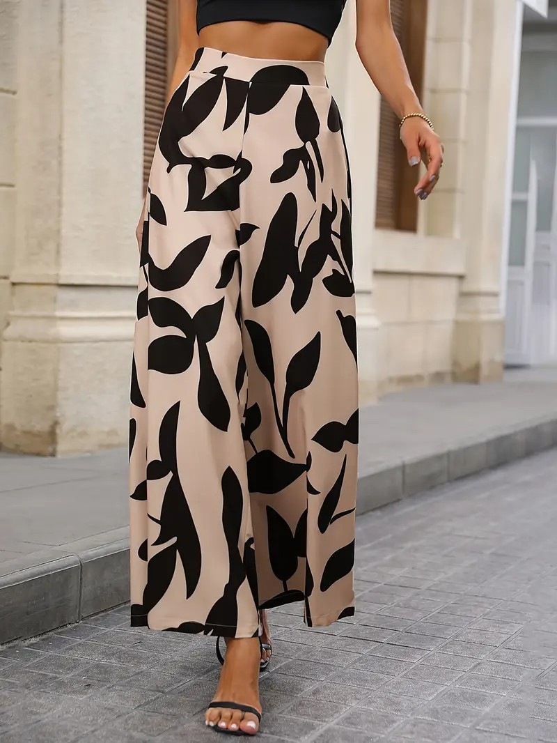Leaf Print Wide-Leg Casual Pants for Women