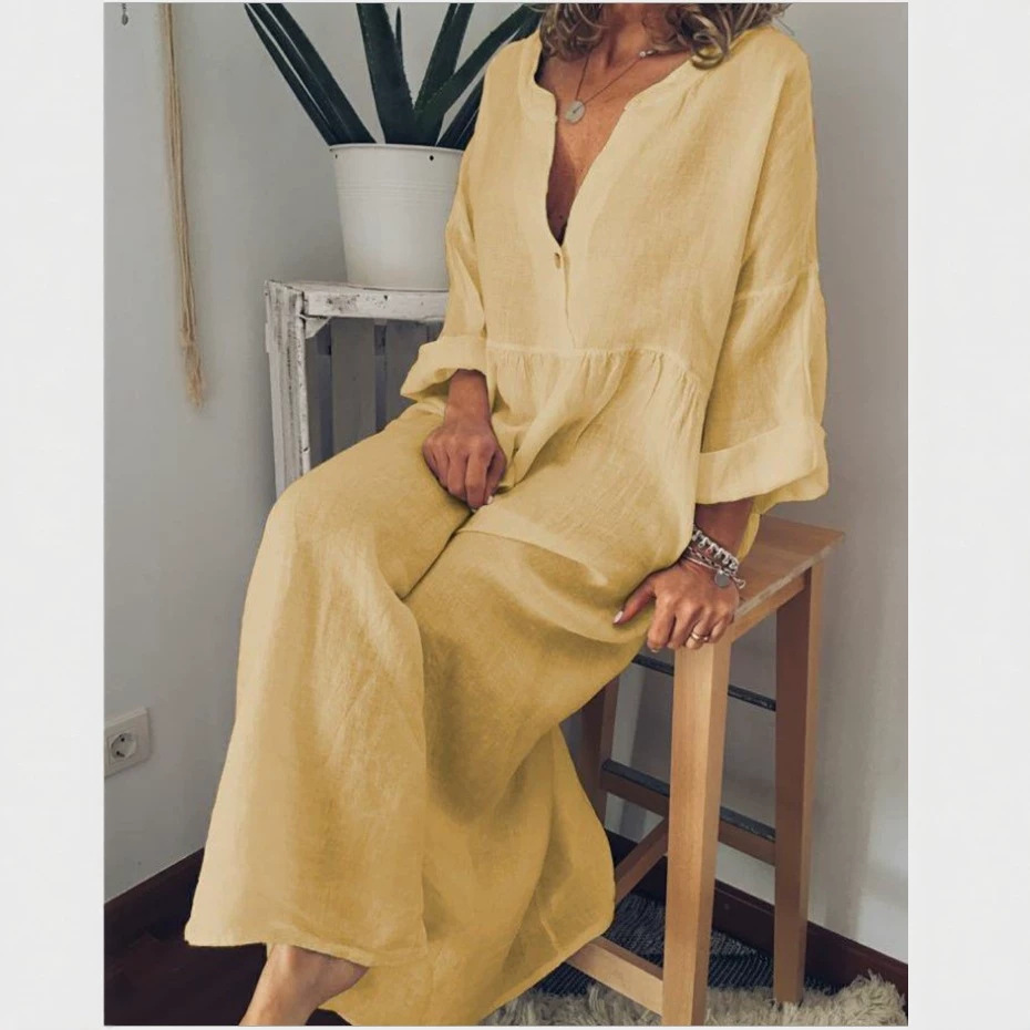 Solid Long Sleeve V-Neck Button A-Line Maxi Dress