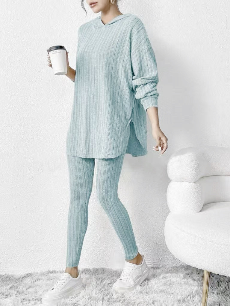 Ribbed Knit Hooded Long Sleeve Lounge Set