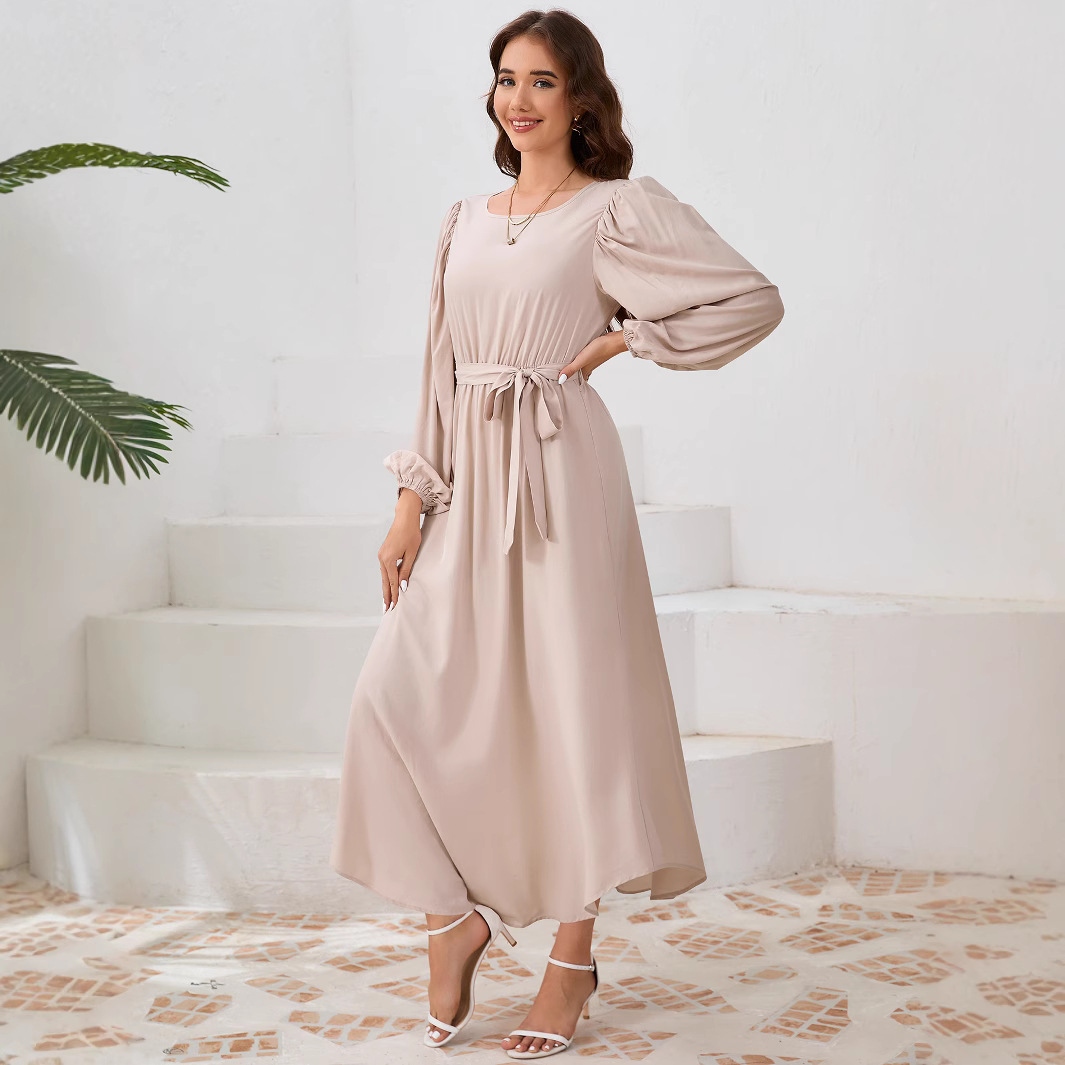 Women's Lantern Sleeve Midi Dress with Tie Belt