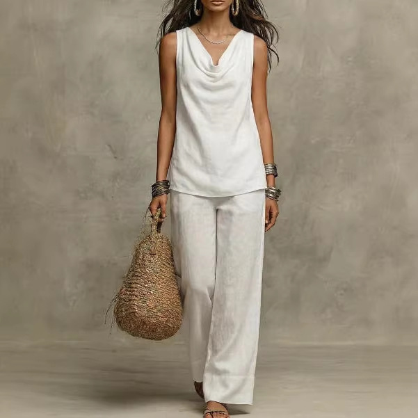 Solid Linen-Blend Sleeveless Tank Top and Wide-Leg Pants Set