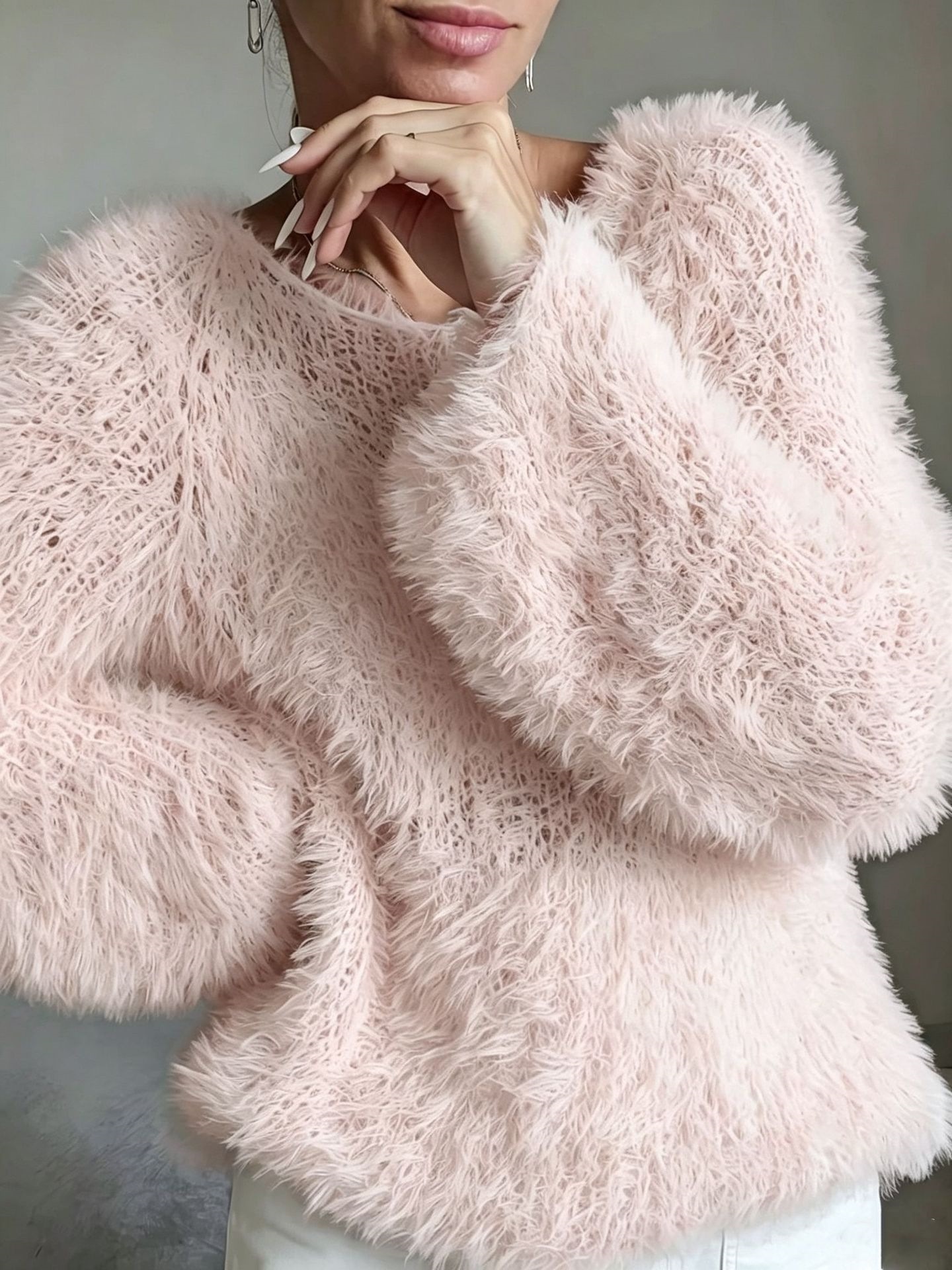 Macaron Color Crewneck Fluffy Long-Sleeve Top