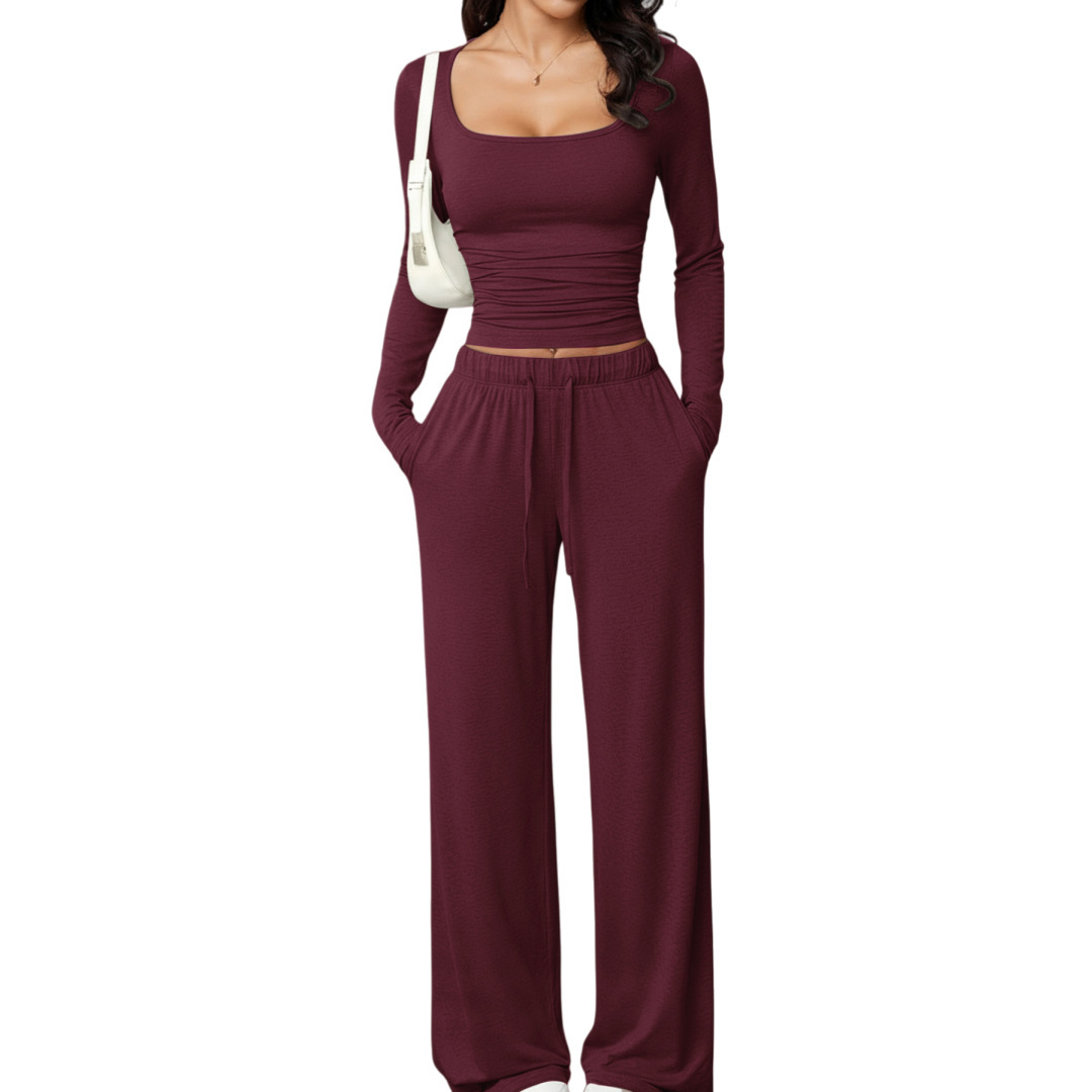 Women's Long Sleeve Drawstring Top & Wide-Leg Pants Two-Piece Set