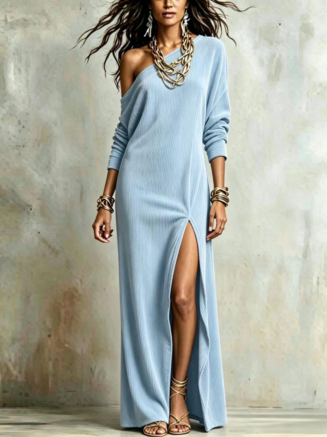 Women's One-Shoulder Corduroy Dress with Side Slit