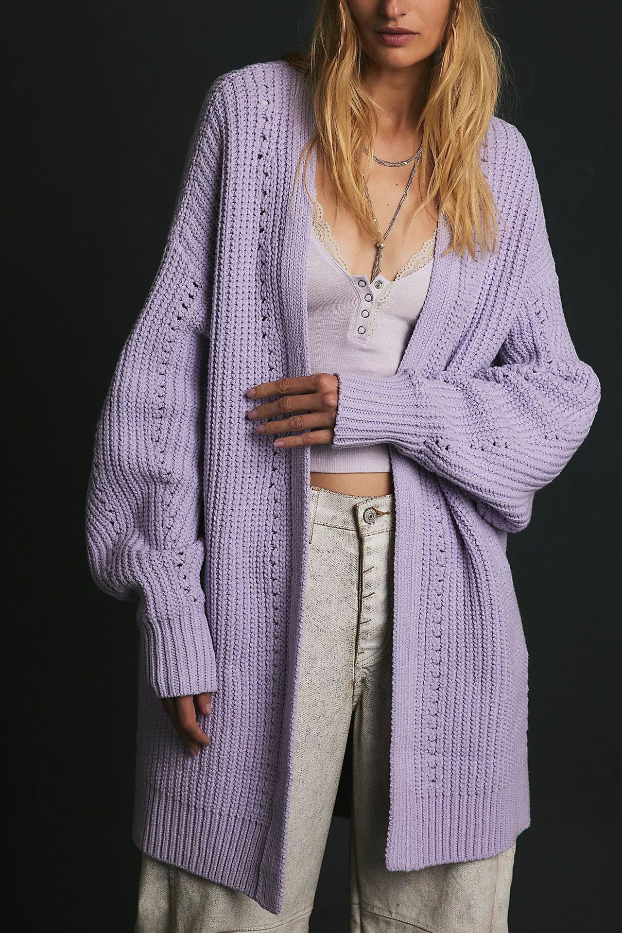 Women's Loose Knit Cardigan with Pockets Long Sleeve V-Neck