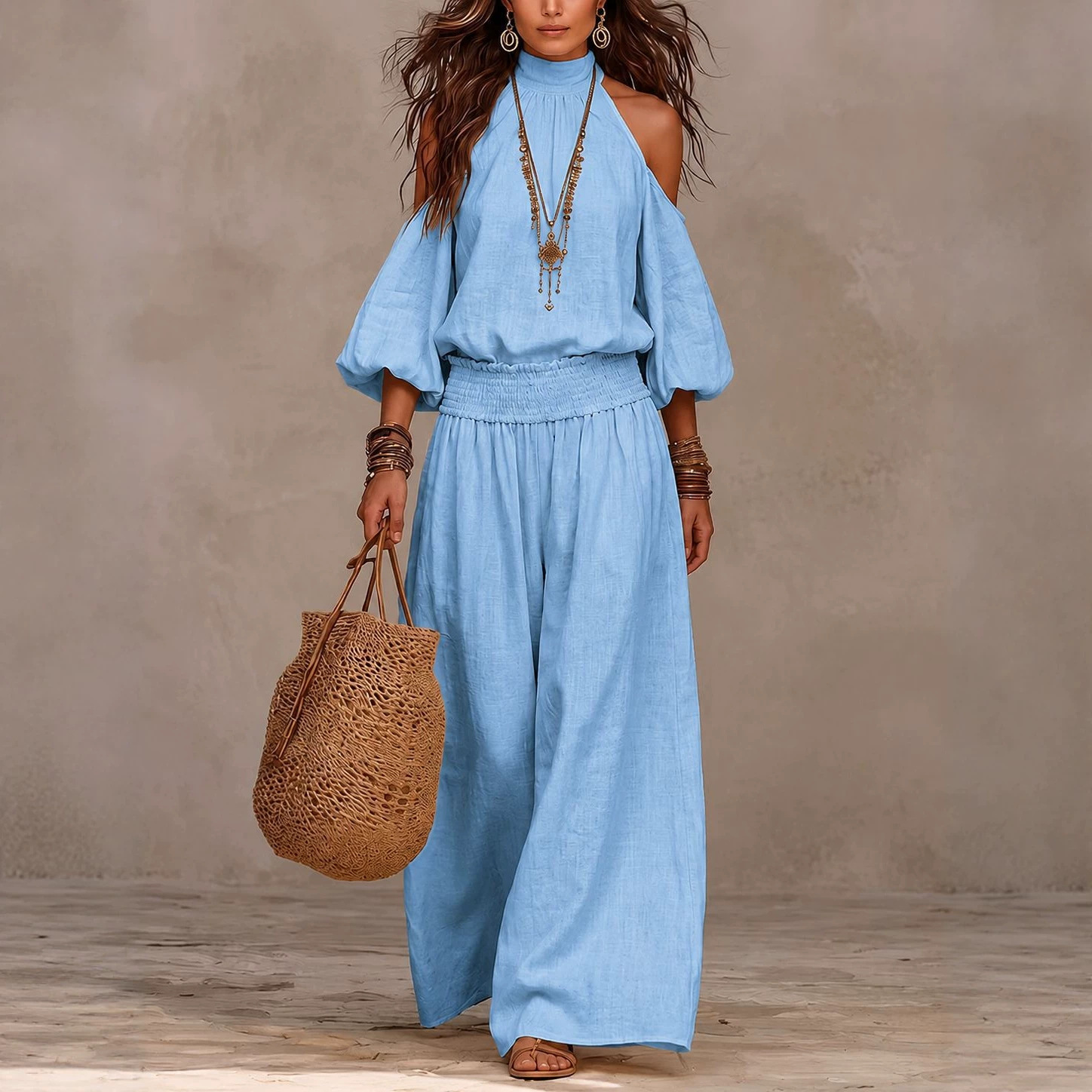 Women's Casual Round Neck Loose Long Sleeve Cutout Top and Pants Set