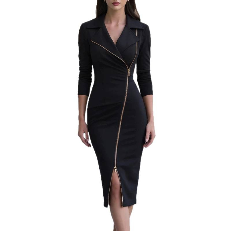 Suit Collar Long Sleeve Zip Slit Sheath Dress