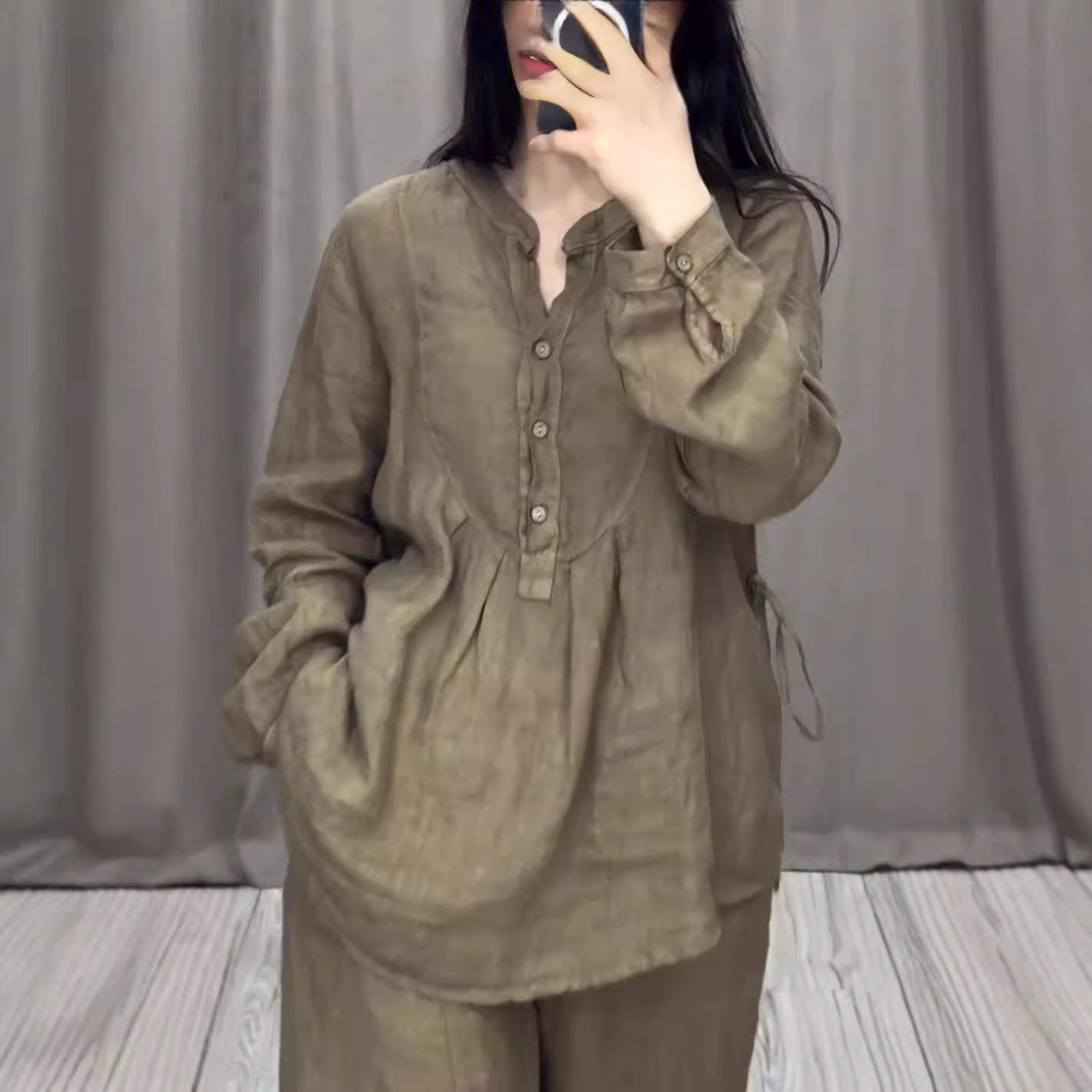 Women's Cotton-Linen Long-Sleeve Half-Placket Pleated Wide-Leg Pants Set