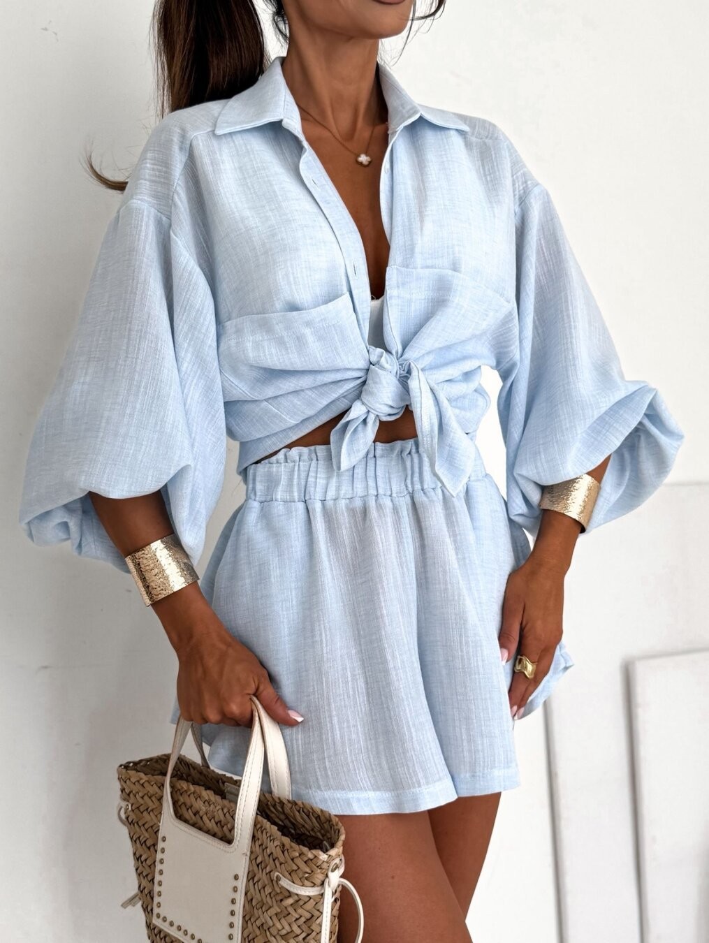 Polka Dot Multi-Pocket Half-Sleeve Top and Elastic Shorts Two-Piece Set