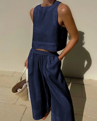 Women's Sleeveless Cotton-Linen Wide-Leg Pants and Tank Set