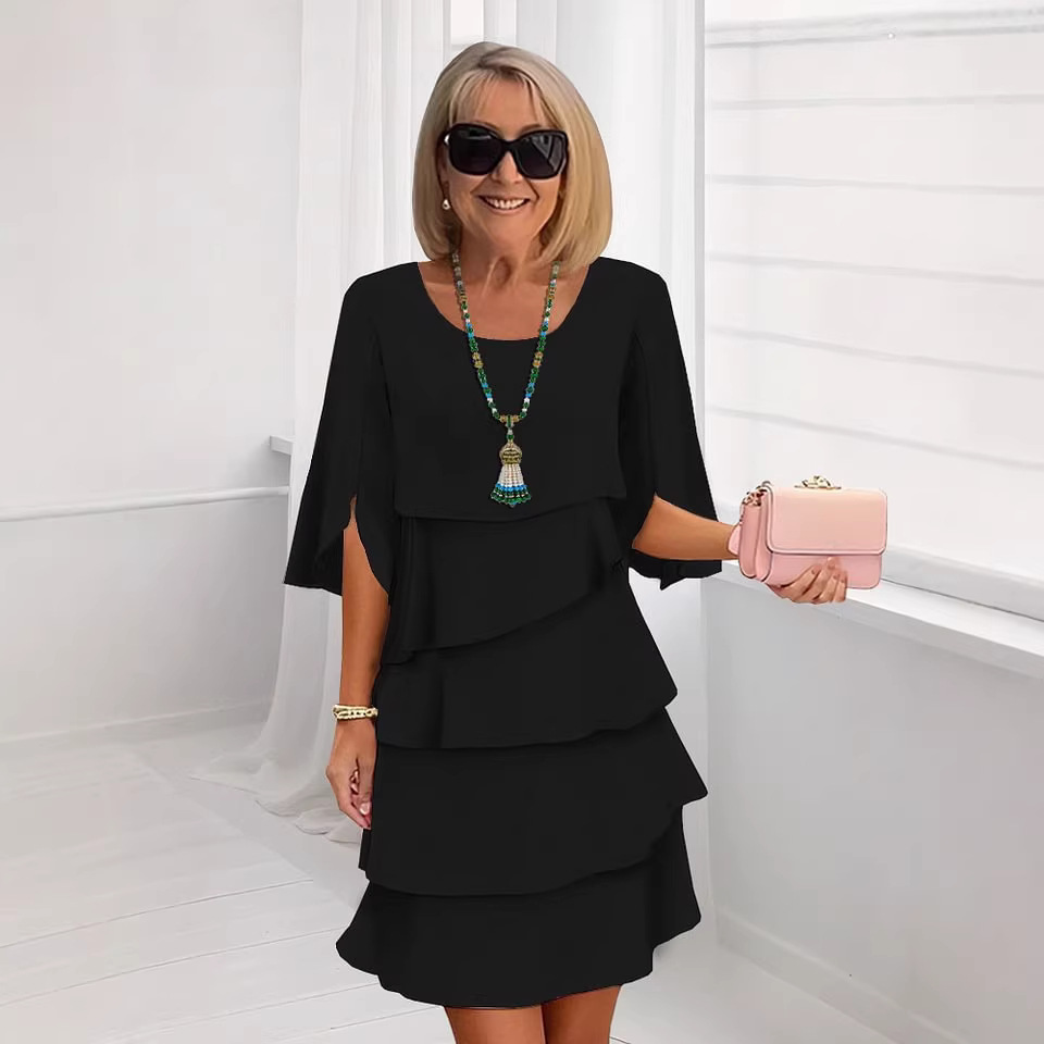 Women's Solid Color Round Neck Tiered Midi Dress