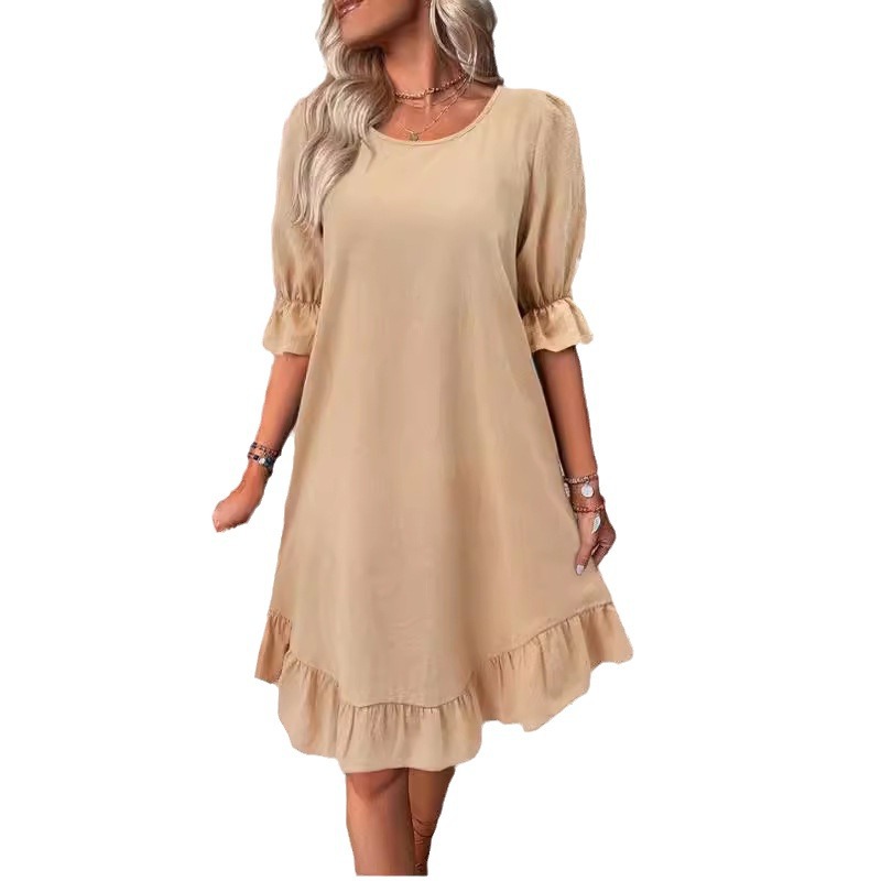 Women's Vintage Cotton-Linen Midi Dress Short Sleeve Round Neck Solid Color Loose Flared
