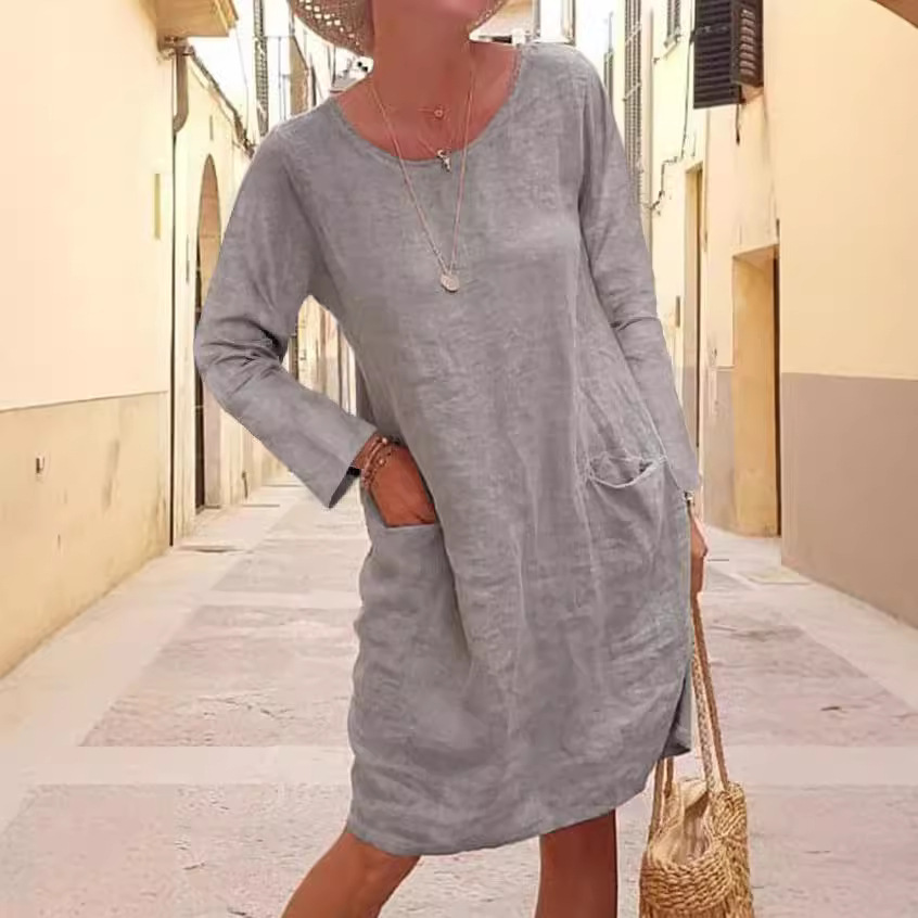 Women's Summer Loose Solid Color Cotton Linen Short Sleeve Round Neck Pocket Dress