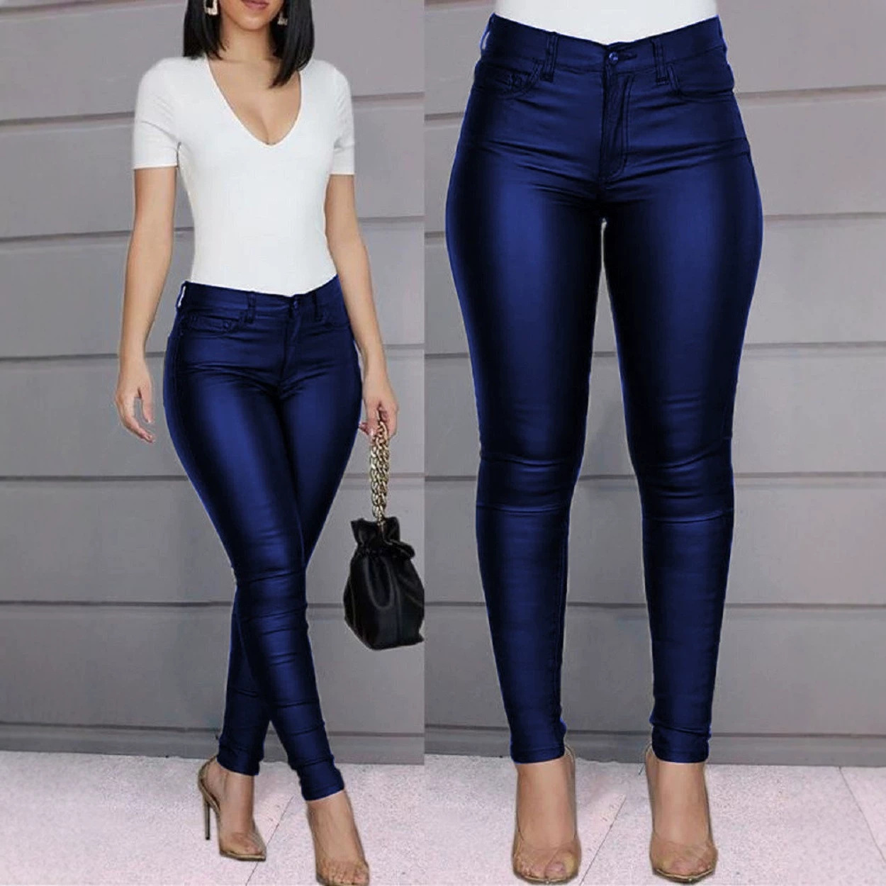 Women's Solid PU Leather Skinny Pants Stretchy High-Waist Leggings