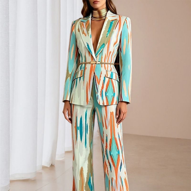 Women's Printed Blazer and Pants Set Long Sleeve Two-Piece Suit