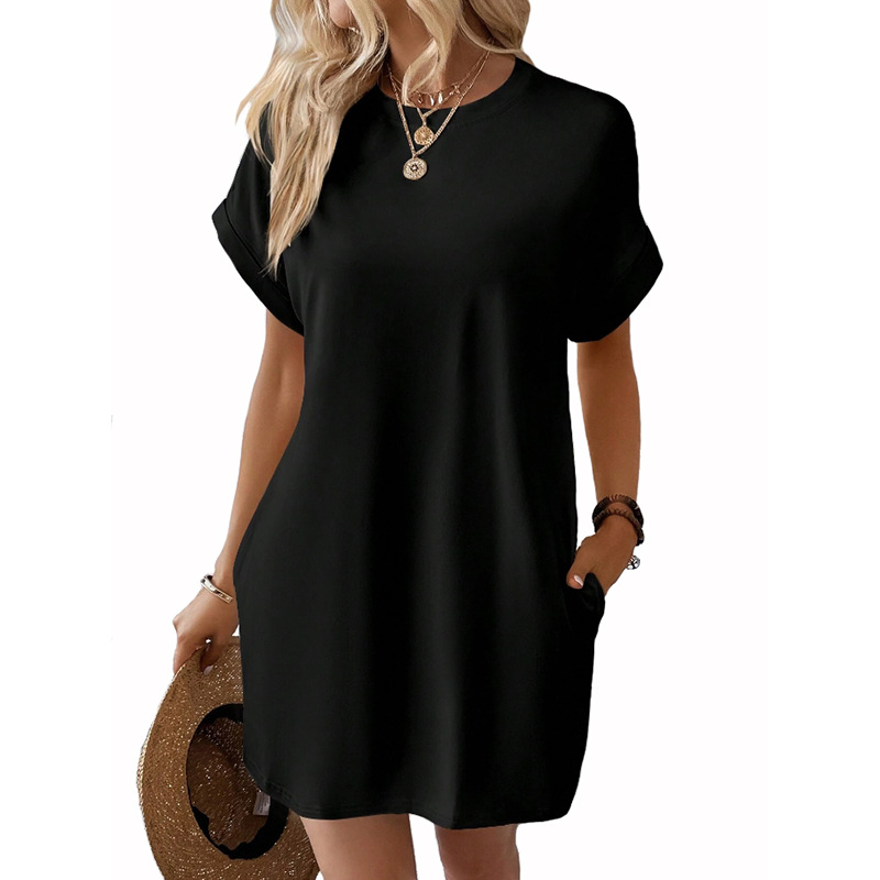 Women's Solid Crewneck Short Sleeve Pocket Midi Dress