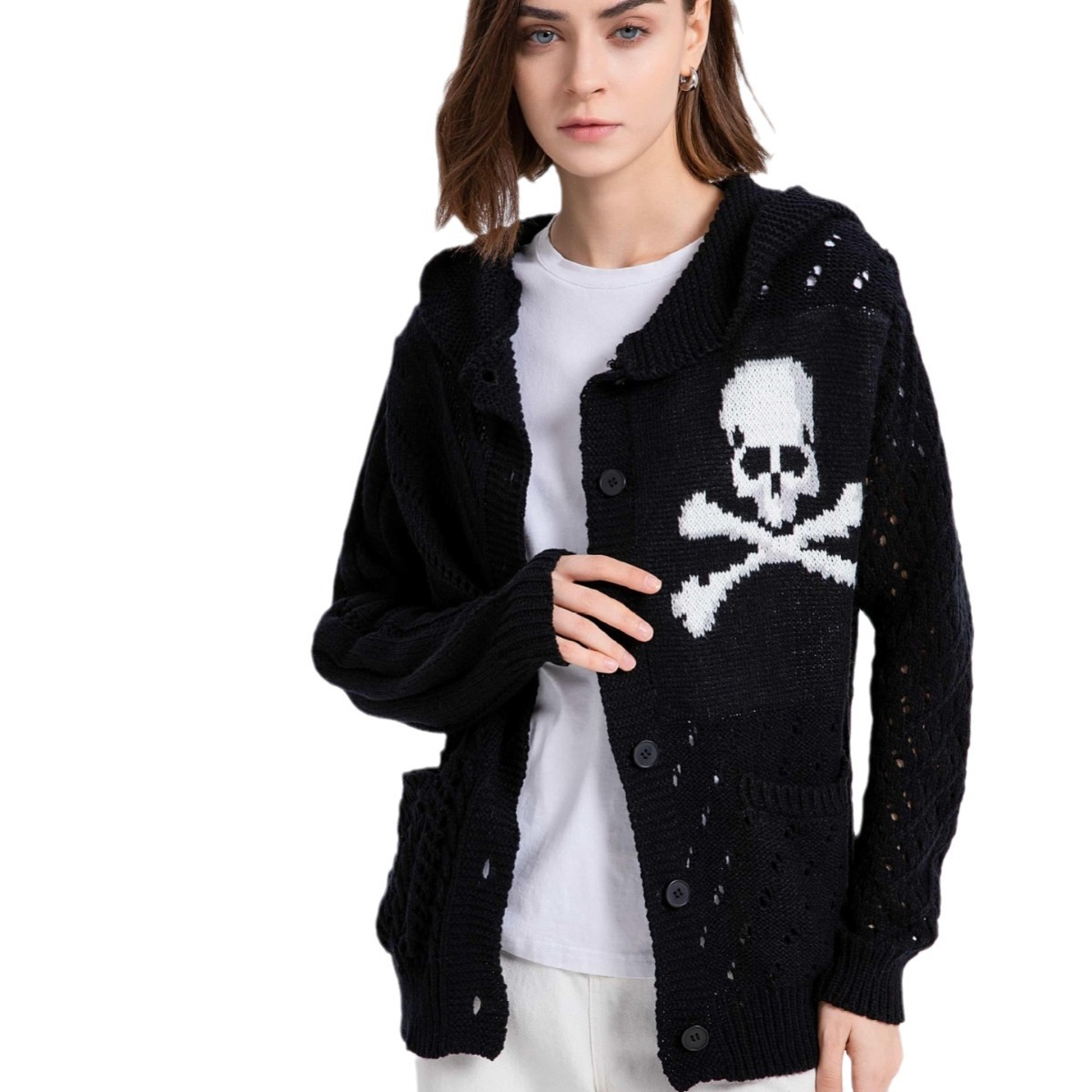 Gothic Skull Hooded Cardigan Sweater Women's Punk Knit