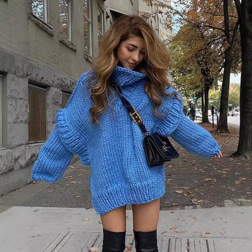 Fluffy High Neck Pullover Sweater Long Sleeve Knit Top