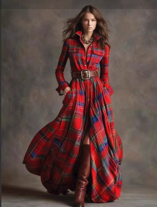French Vintage Plaid Irregular Shirt Dress with Belt