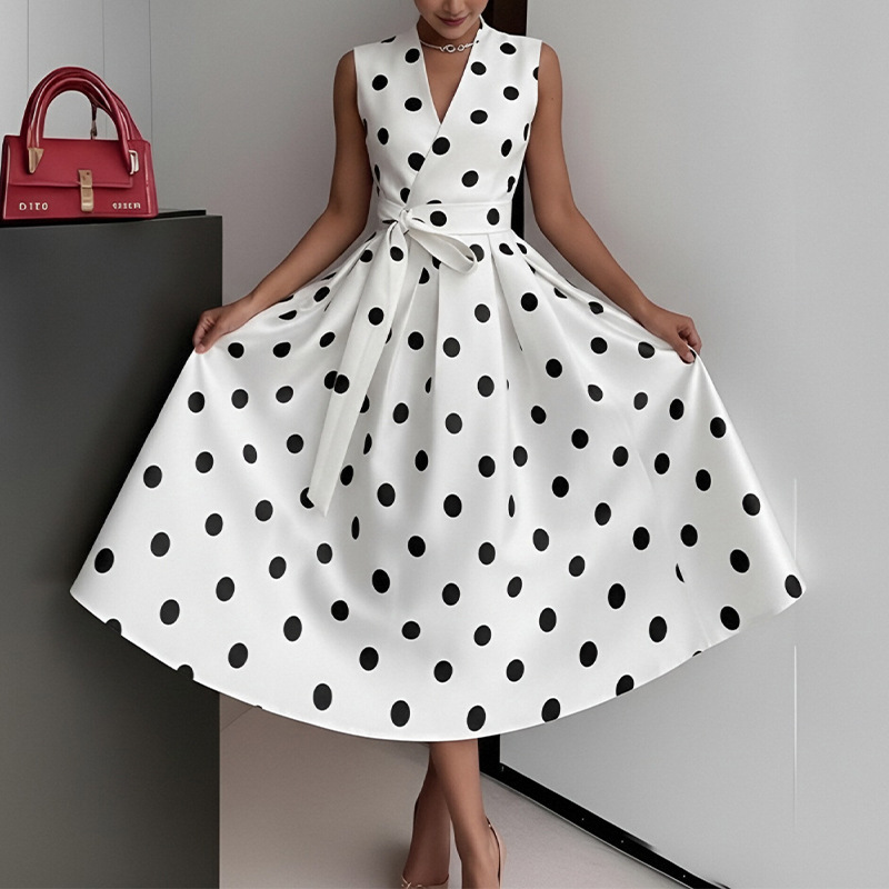French Vintage Polka Dot High-Waist A-Line Midi Dress