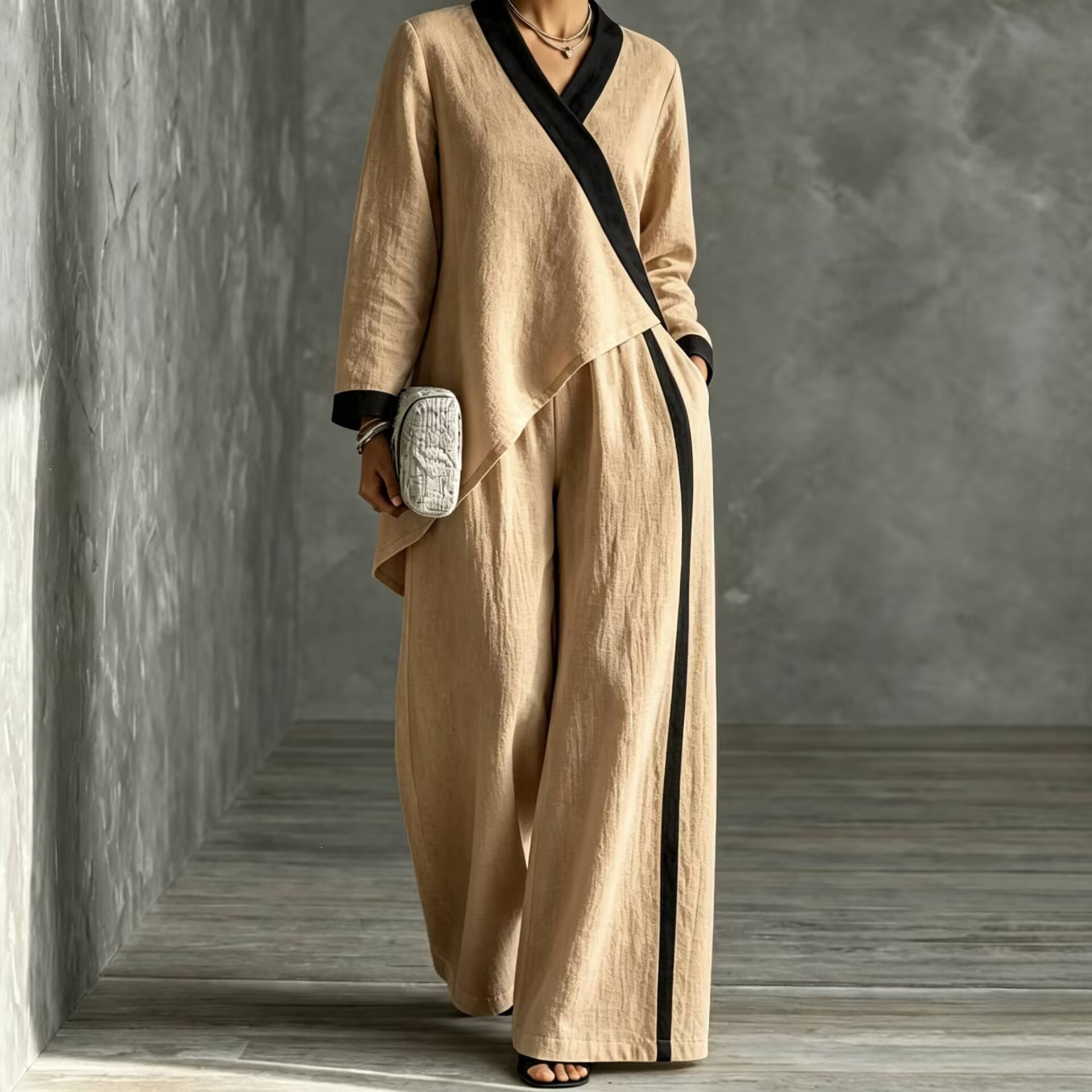 2026 Fall Cross-Border European and American Women's Fashion Color-Block V-Neck Asymmetrical Top Wide-Leg Pants Loose Casual Set