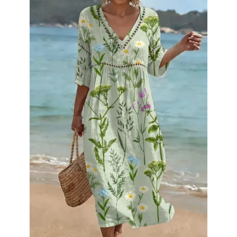 Women's Floral Print Pleated Midi Dress with Deep V-Neck and 3D Effect