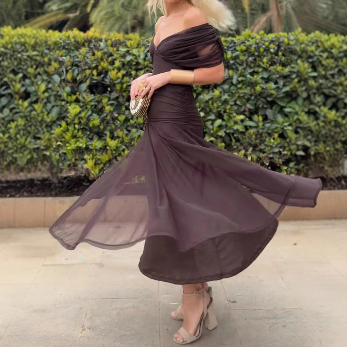 Elegant Solid Deep V-Neck Waist-Cinched Mesh Dress