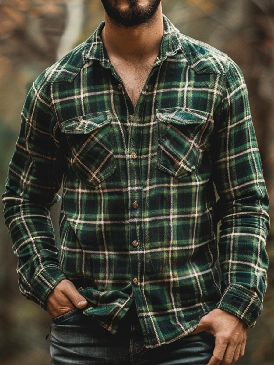 Men's Plaid Print Fleece-Lined Button-Down Shirt with Pockets