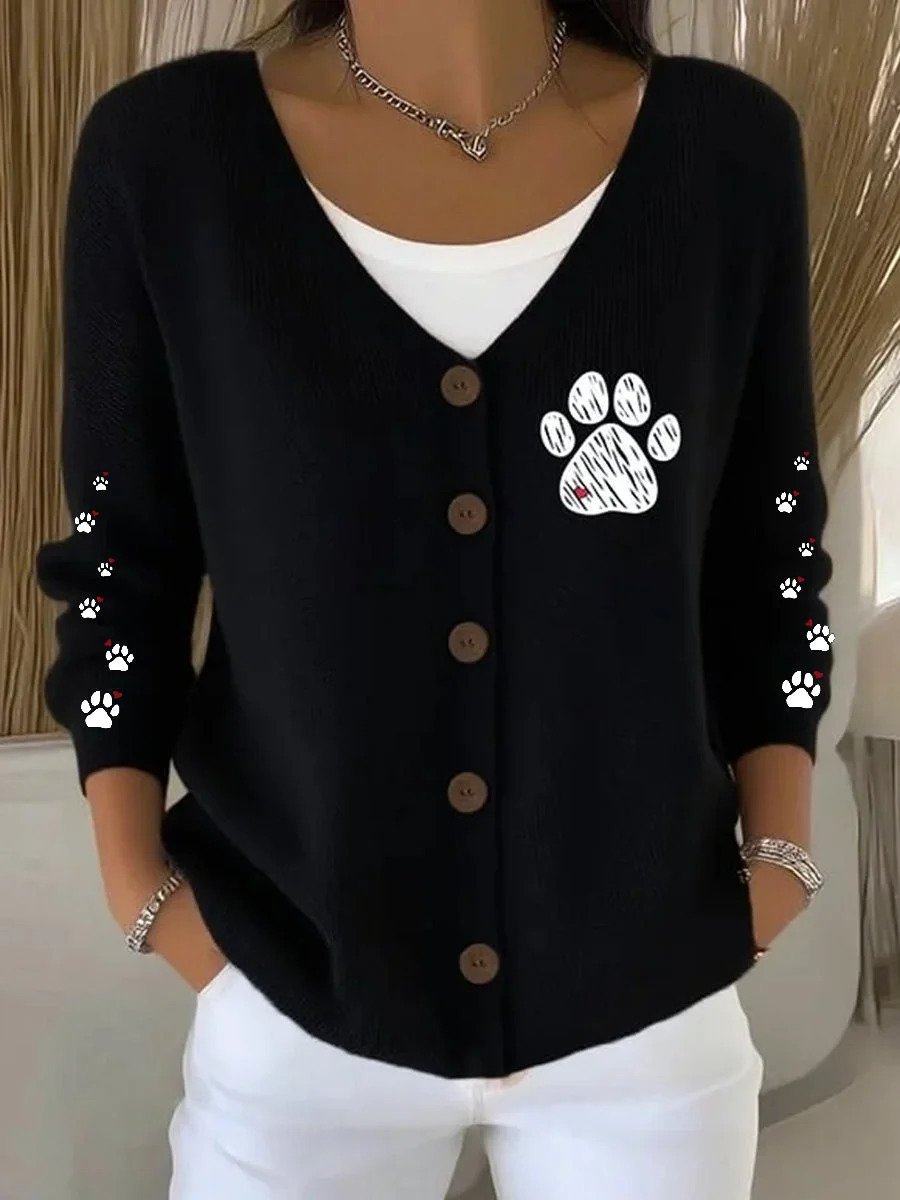 Women's Pet Print Ribbon Ghost Button Cardigan Sweater