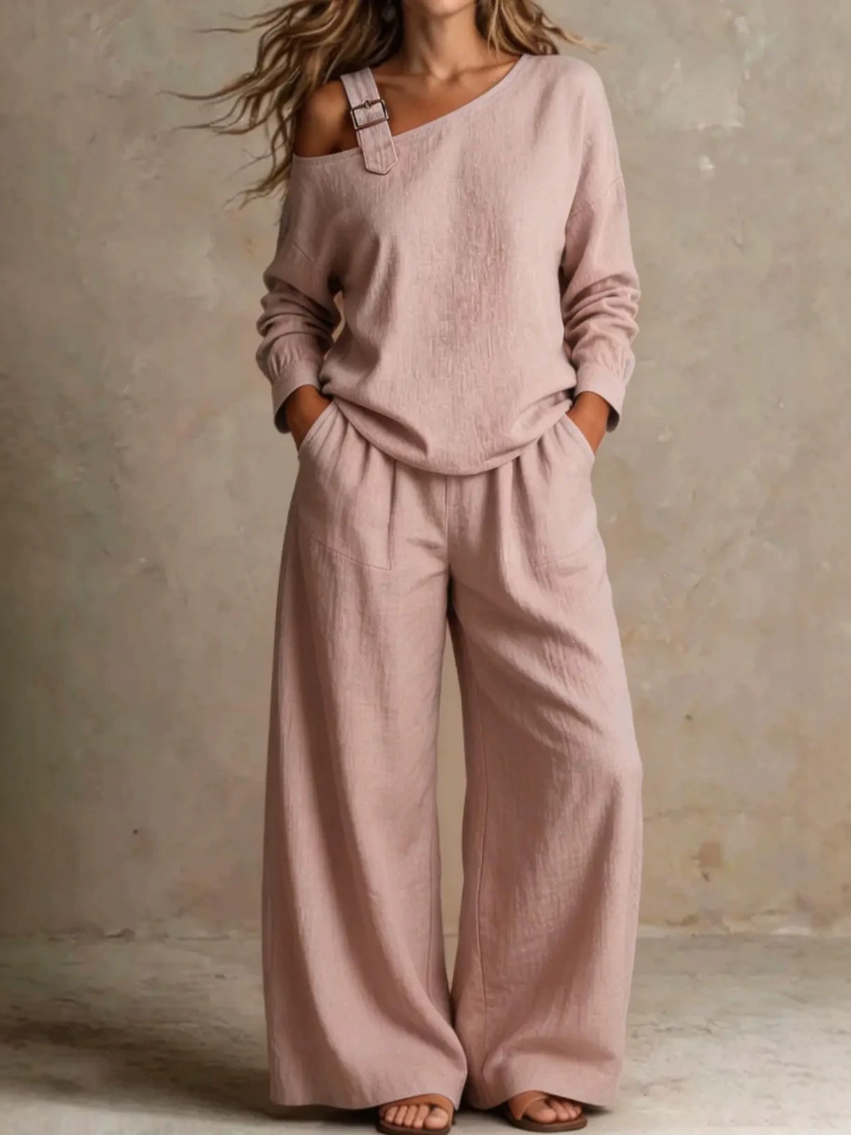 Women's Casual Loose One-Shoulder Linen-Blend Two-Piece Set