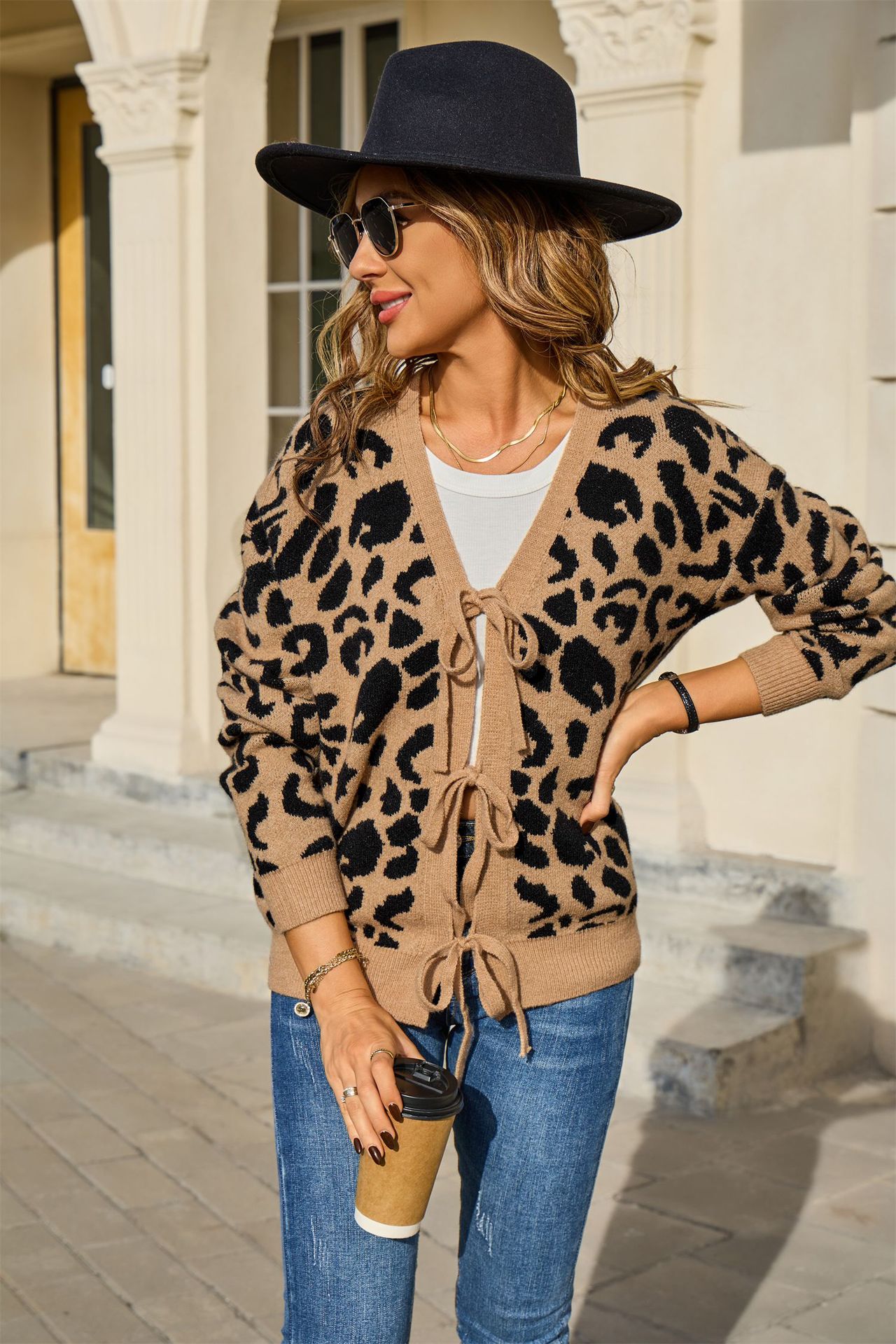 Leopard Print Knit Cardigan Sweater with Tie Front