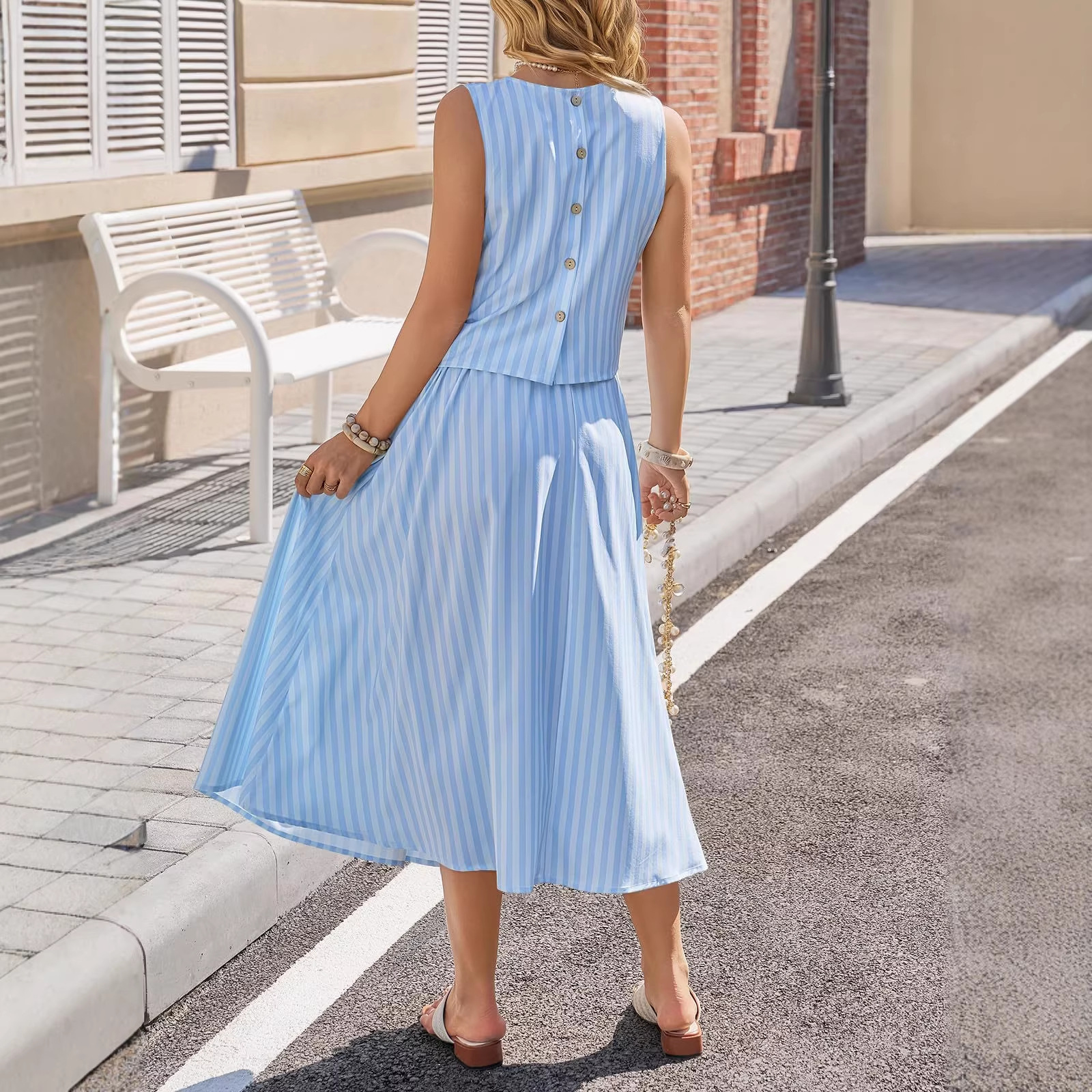 Striped Sleeveless Tank Top and A-Line Midi Skirt Two-Piece Set