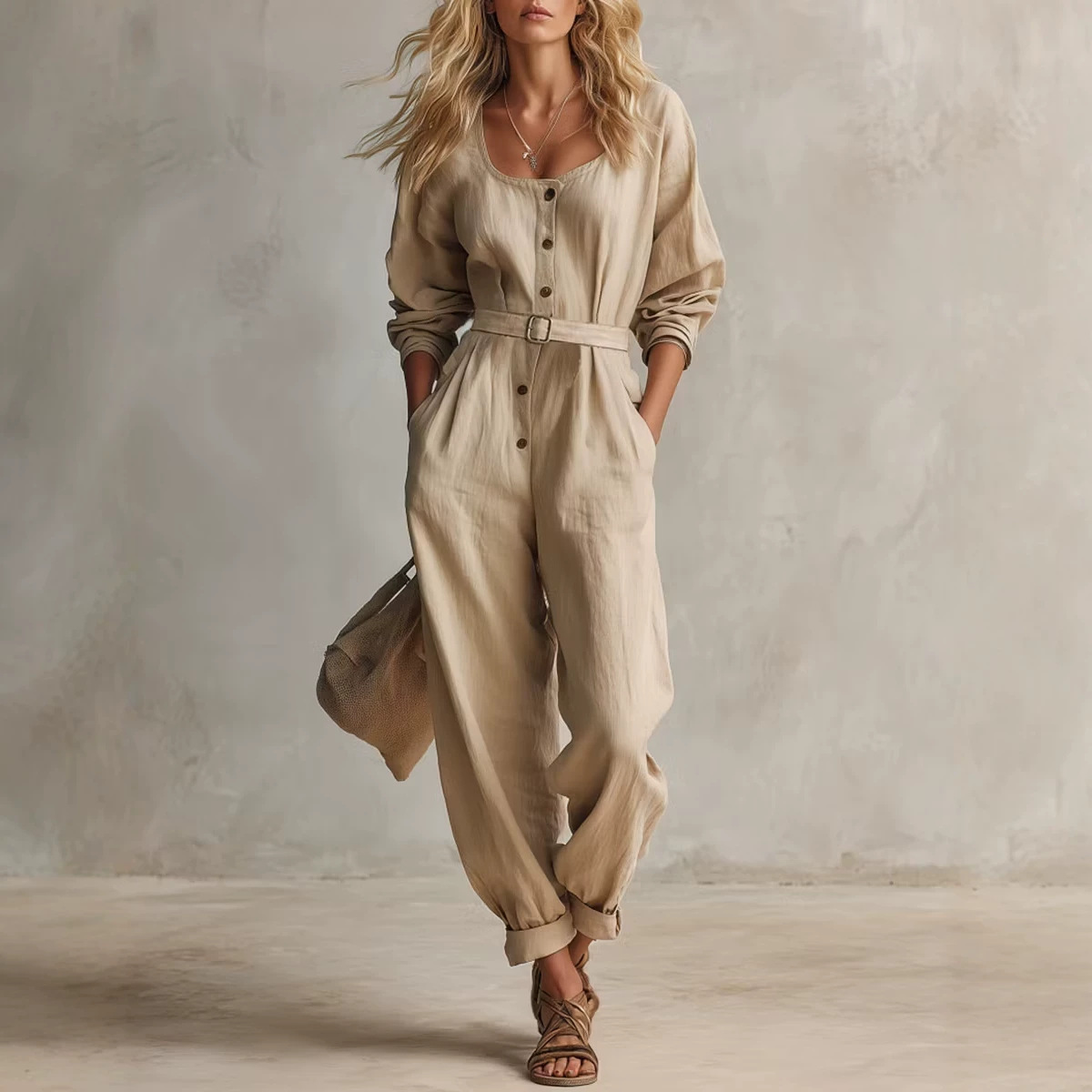Women's Linen Square Neck Long Sleeve Jumpsuit with Belt
