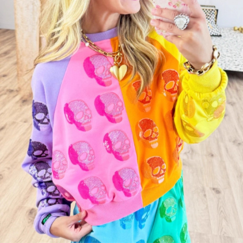 Women's Colorblock Halloween Skull Soldier Print Crewneck Sweatshirt