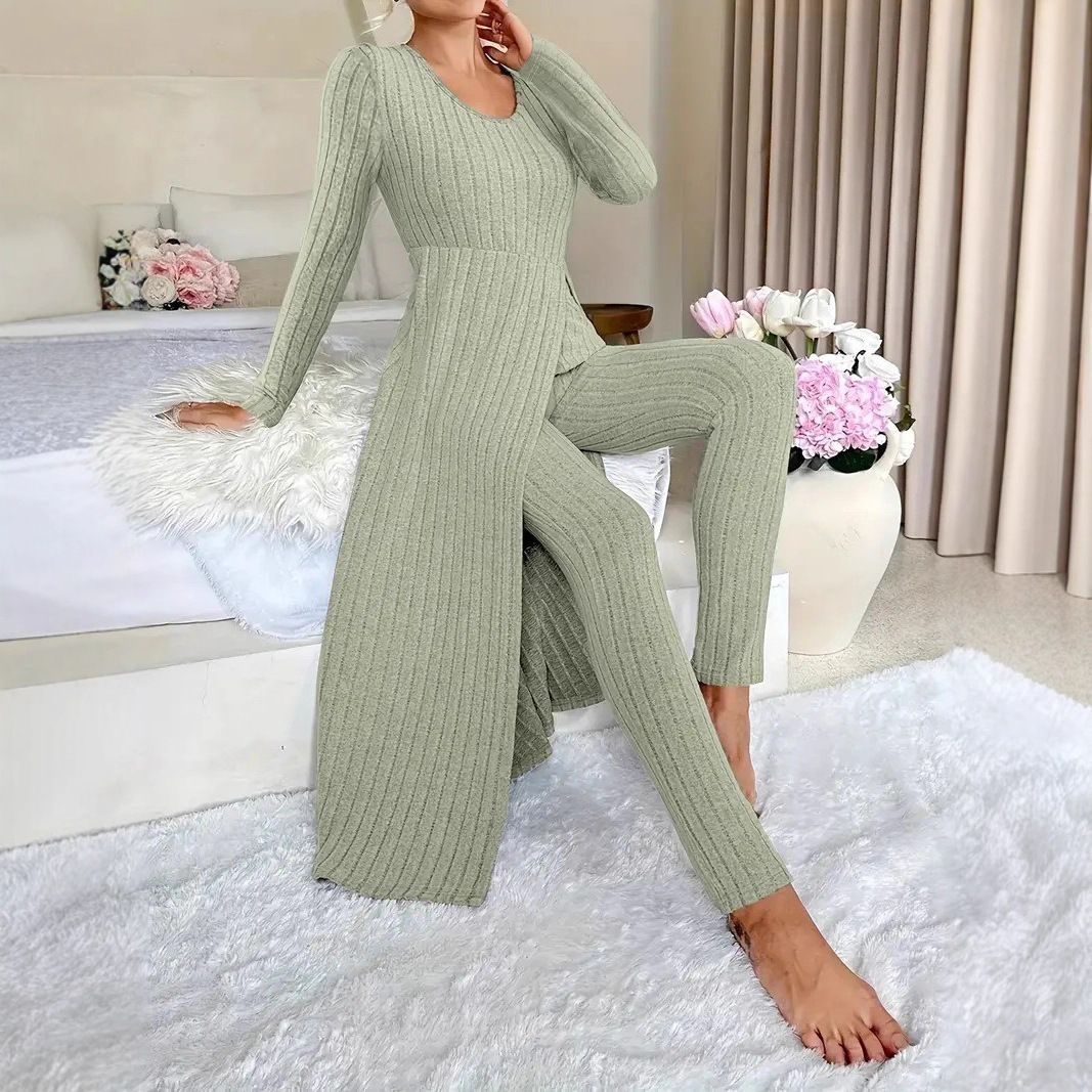Women's Two-Piece Set with Split Hem Long Sleeve Top