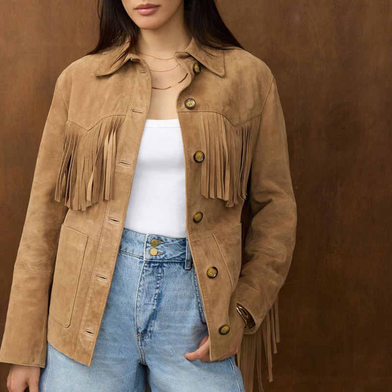 Faux Suede Fringe Trim Button Long Sleeve Collared Jacket