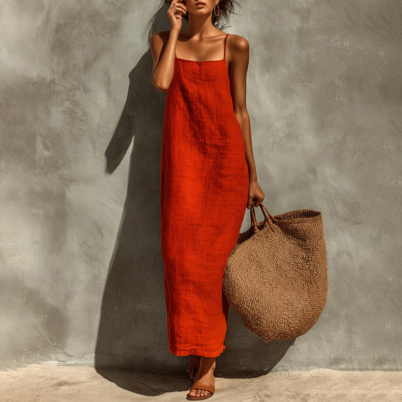 Women's Summer Sleeveless A-Line Maxi Dress Solid Color French Style