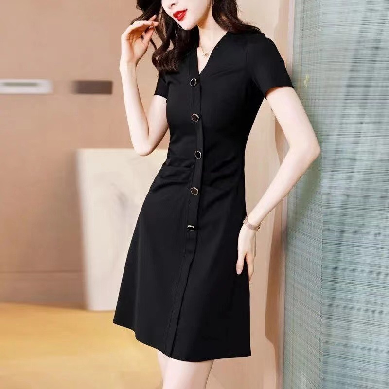 Women's Black V-Neck Short Sleeve A-Line Midi Dress Slimming Plus Size