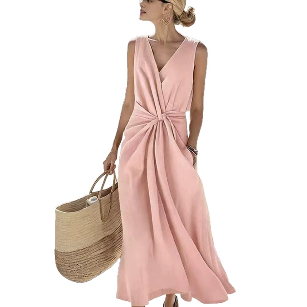 Women's Twist-Front V-Neck Sleeveless Cotton-Linen Dress with Pockets