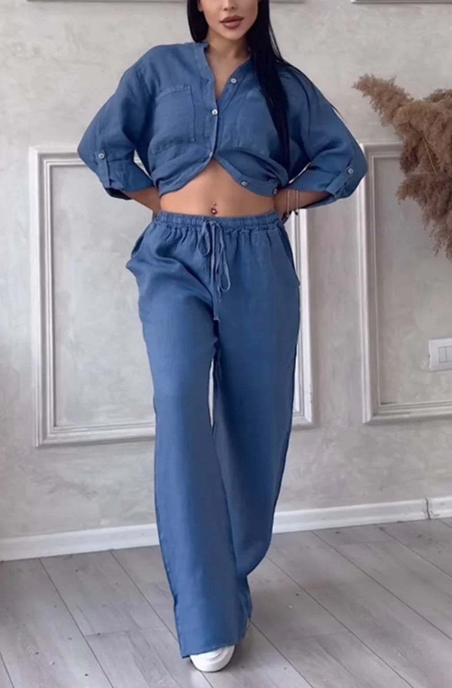 Women's Solid Color Single-Breasted Long-Sleeve Shirt and Wide-Leg Tie Pants Two-Piece Set