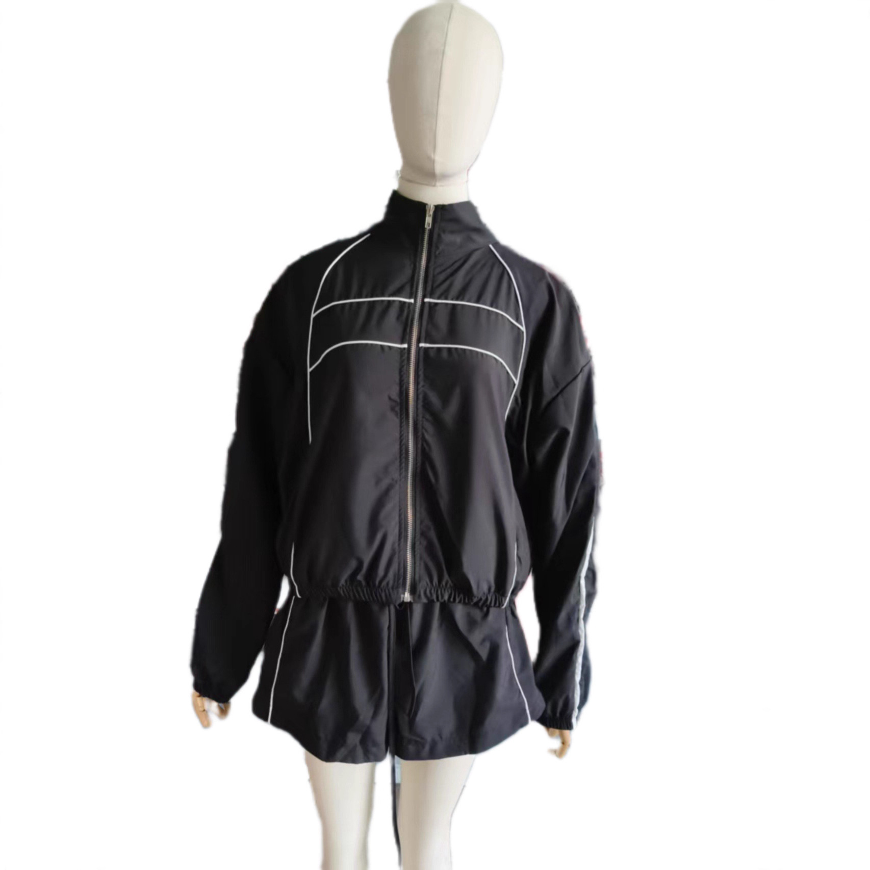Women's Sexy Long Sleeve Zip Colorblock Ribbon Shorts Two-Piece Set