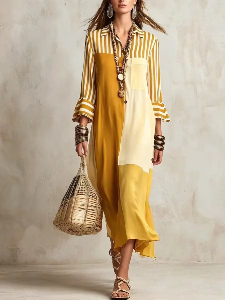 Striped Colorblock V-Neck Shirt Dress with Three-Quarter Sleeves
