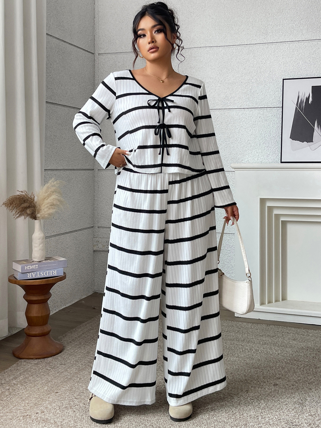 Striped Tie-Front Long-Sleeve Top and Wide-Leg Pants Set