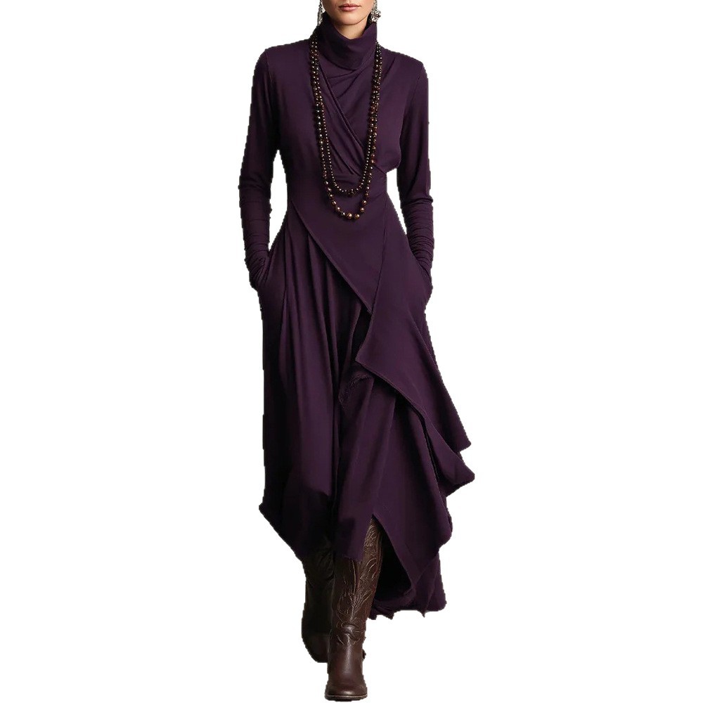Women's Solid Long Sleeve High Neck Asymmetrical Dress