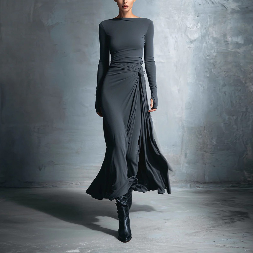 Women's Solid Wrap Long Sleeve Maxi Dress with Knot Detail