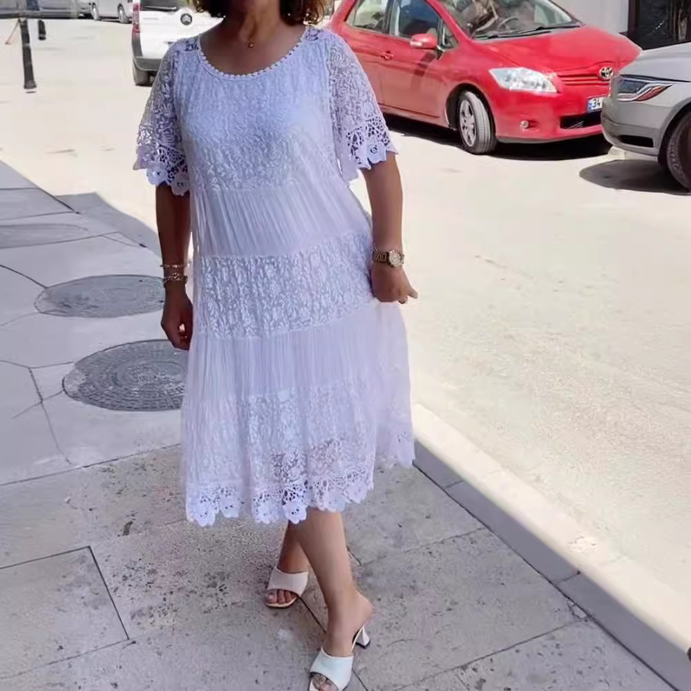 Women's Solid Color Hollow-Out Round Neck Short Sleeve Dress
